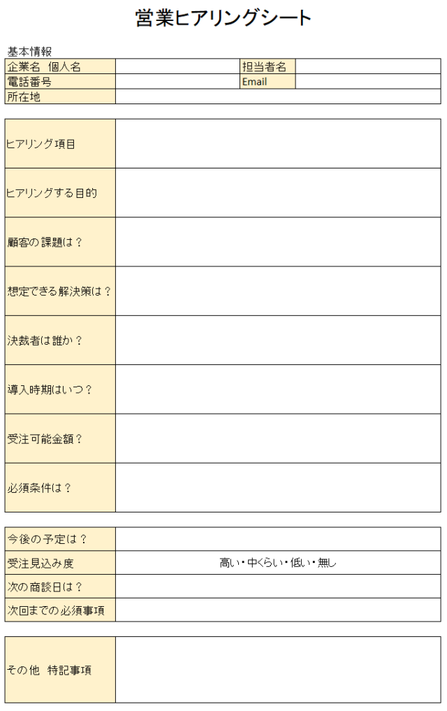 営業ヒアリングシートテンプレート無料ダウンロード